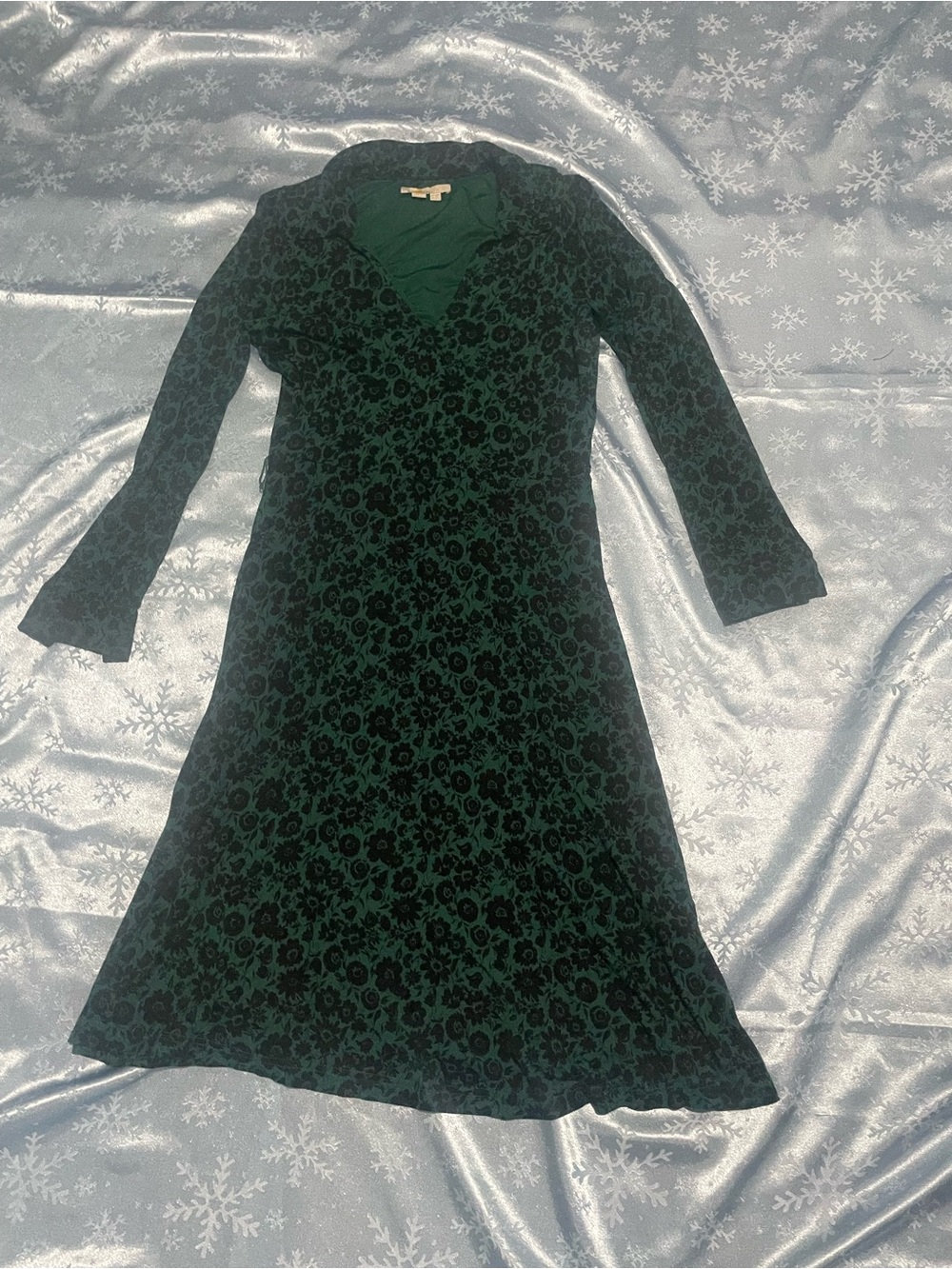 Boden Dark Green Floral Velvet Long-Sleeve Dress